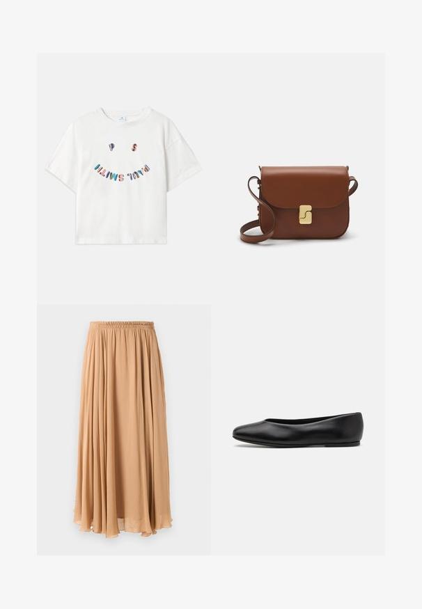 Tan dobbeltbrystet frakke lavet af blødt stof, med store klapper, træknapper og rullede ærmer med en hvid accentstribe.; Lys beige cropped sweater med lynlås og høj hals, der har et struktureret mønster samt ribbede manchetter og nederste kant. Kombinerer strikkede og vævede materialer.; Hvid bomulds t-shirt med korte ærmer, rund halsudskæring og et farverigt "P.S. Smile" grafisk tryk i en buet layout på forsiden.; Maxi nederdel i lys beige, lavet af let stof. Har en indsamlet elastisk talje og bløde pliser for bevægelse.; Paul Smith TOPANGA - Ballerinasko - black; Brun læder håndtaske med flaplukning, hardware i gyldent tone, en skulderrem og en glat overflade. Kompakt rektangulær form.