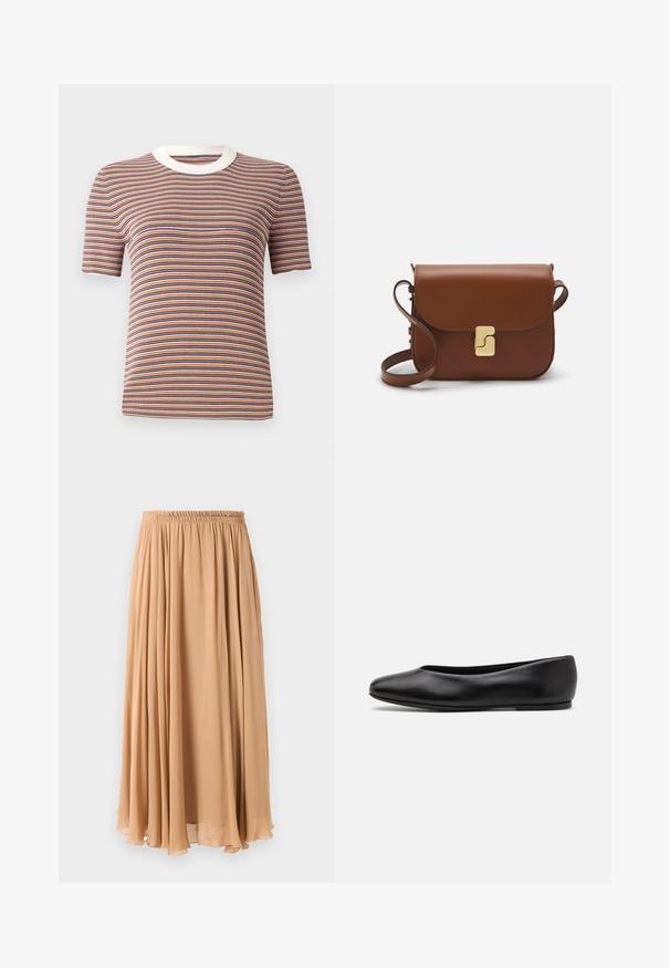 Tan double-breasted coat made of soft fabric, featuring large lapels, wooden buttons, and rolled cuffs with a white accent strip.; Light beige cropped sweater with a zippered mock neck, featuring a textured pattern and ribbed cuffs and hem. Combines knit and woven materials.; Striped short-sleeve t-shirt in orange, blue, and white. Features a ribbed texture and a white round neckline.; Maxi skirt in light beige, made of flowy fabric. Features a gathered elastic waistband and soft pleats for movement.; Paul Smith TOPANGA - Ballet pumps - black; Brown leather handbag with a flap closure, gold-tone hardware, a shoulder strap, and a smooth texture. Compact rectangular shape.