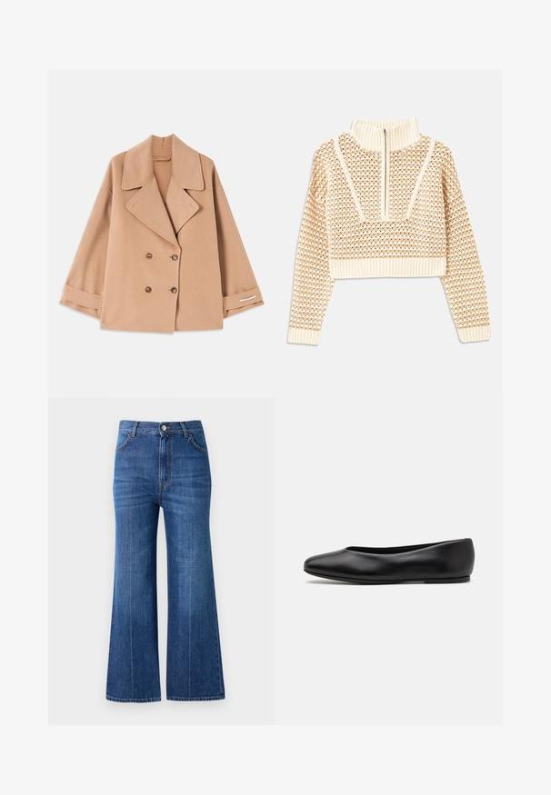 Tan dvouřadový kabát vyrobený z měkké tkaniny, s velkými klopami, dřevěnými knoflíky a připnutými manžetami s bílým akcentem.; Světle béžový zkrácený svetr s doplňkovým zipem a imitací límce, zdobený texturovaným vzorem a pletenými manžetami a lemem. Kombinuje pletené a tkané materiály.; Džínové kalhoty s širokými nohavicemi v tmavě modrém denimovém provedení, s vysokým pasem, jemným omytem a klasickým designem pěti kapes. Šité kontrastní nití.; Paul Smith TOPANGA - Klasické baleríny - black