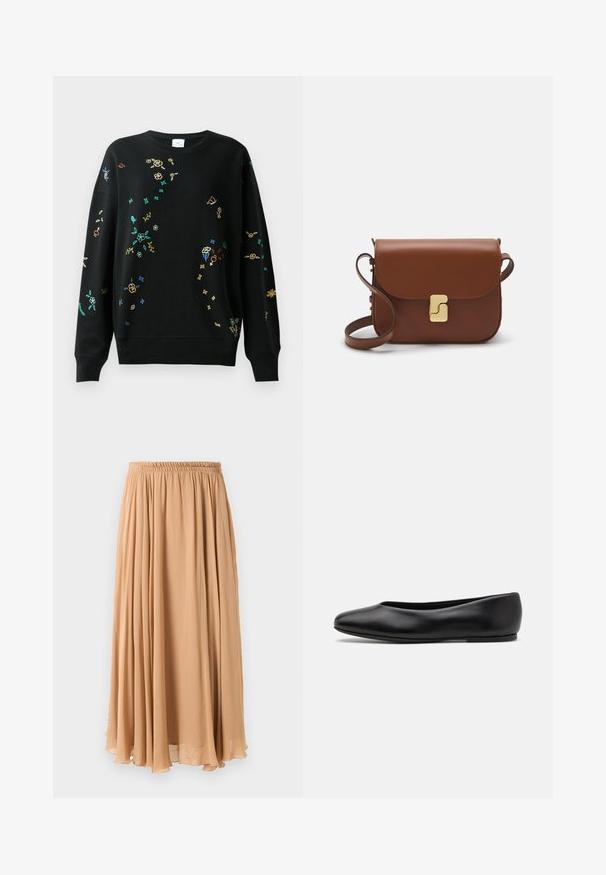 Casaco bege de dois botões, feito de um tecido suave, com grandes lapelas, botões de madeira e punhos dobrados com uma tira de destaque branca.; Sweatshirt preto com bordado multicolorido de flores e borboletas, decote redondo, corte solto, punhos e bainha canelados. Material macio em mistura de algodão.; Saias maxi em bege claro, feitas de tecido leve. Apresenta um cós elástico franzido e pregas suaves para maior movimento.; Paul Smith TOPANGA - Sabrinas - black; Bolsa de couro castanho com fecho de aba, decoração em tom dourado, alça de ombro e textura suave. Formato retangular compacto.
