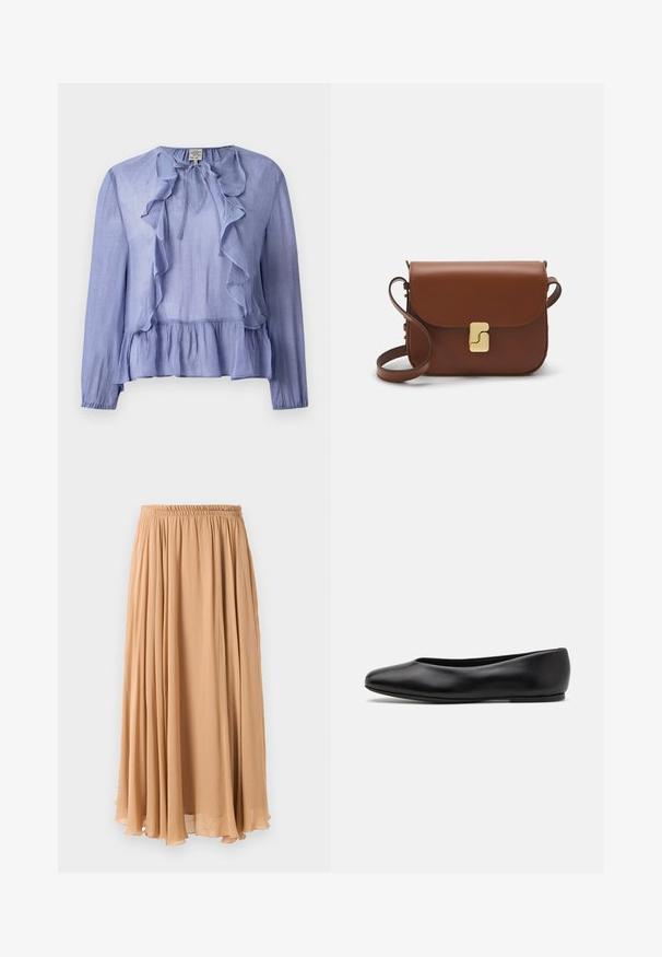 Tan dobbeltbrystet frakke lavet af blødt stof, med store klapper, træknapper og rullede ærmer med en hvid accentstribe.; Lyseblå langærmet bluse med rynket halsudskæring og peplum-hulm, lavet af et tekstureret stof, der har en knytdetalje ved kraven.; Maxi nederdel i lys beige, lavet af let stof. Har en indsamlet elastisk talje og bløde pliser for bevægelse.; Paul Smith TOPANGA - Ballerinasko - black; Brun læder håndtaske med flaplukning, hardware i gyldent tone, en skulderrem og en glat overflade. Kompakt rektangulær form.