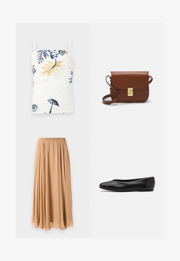 Beige Doppelreiher-Mantel aus weichem Stoff, mit großen Rever, Holzknöpfen und umgeschlagenen Manschetten mit einem weißen Akzentstreifen.; Weißes Top mit zarten Spaghettiträgern, das mit einem farbenfrohen Blumen- und tropischen Druck in Blau, Gelb, Pink und Grün versehen ist.; Maxi-Rock in hellbeige, aus fließendem Stoff gefertigt. Verfügt über einen gerafften, elastischen Bund und sanfte Falten für Bewegung.; Paul Smith TOPANGA - Klassischer Ballerina - black; Braune Ledertasche mit Klappenverschluss, Beschlägen in Goldfarbe, einem Schultergurt und einer glatten Oberfläche. Kompakte rechteckige Form.