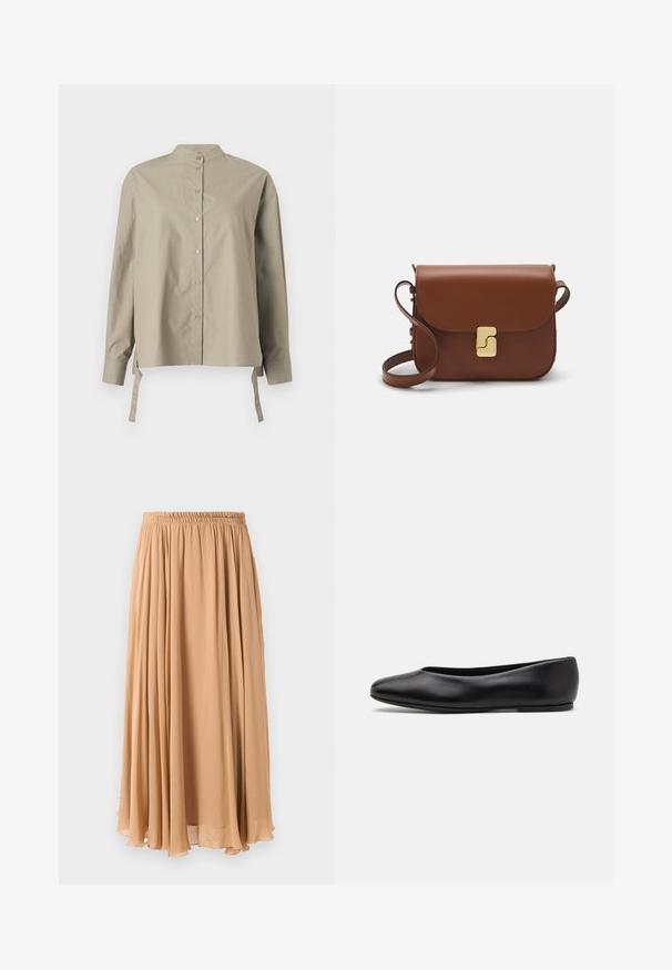 Tan double-breasted coat made of soft fabric, featuring large lapels, wooden buttons, and rolled cuffs with a white accent strip.; Beige button-up shirt with a mandarin collar, long sleeves, and side ties. Made of smooth fabric, featuring a relaxed fit and simple design.; Maxi skirt in light beige, made of flowy fabric. Features a gathered elastic waistband and soft pleats for movement.; Paul Smith TOPANGA - Ballet pumps - black; Brown leather handbag with a flap closure, gold-tone hardware, a shoulder strap, and a smooth texture. Compact rectangular shape.