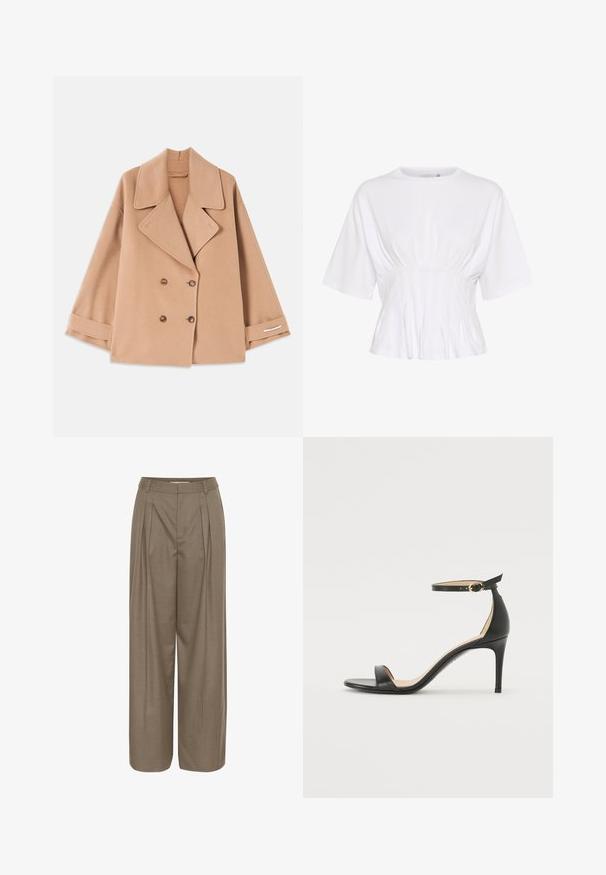 Kétgombos, puha anyagból készült bézs kabát, nagyméretű hajtókákkal, fából készült gombokkal, és fehér csíkkal díszített felgombolt ujjakra.; Fehér, rövid ujjú felső, puha anyagból készült, kerek kivágással és deréknál gyűrődésekkel a testhez simuló megjelenés érdekében.; Hajtogatható, széles szárú nadrág világosbarna anyagból, strukturált derékrésszel és sima textúrával, a kényelem és sokoldalúság érdekében tervezve.; Fekete bőr magassarkú szandál bokapánttal. Simább textúrájú, nyitott orrú és vékony sarkú. Arany színű csat részlet.