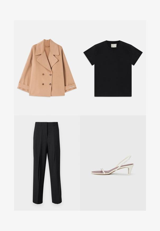 Hnedý dvojradový kabát z mäkkej tkaniny, s veľkými klopami, drevenými gombíkmi a založenými manžetami s bielym akcentovým pruhom.; Čierne tričko s krátkym rukávom a okrúhlym výstrihom s bielou štítkom vo vnútri goliera označeným "D.R.C. EST. 2002" na bielom pozadí.; Tmavošedé nohavice na mieru so rovným strihom, s dvoma prednými záhybmi, pútkami na opasok a hladkou textúrou látky.; Biele sandále na opätku so slabým podpätkom, tenkými pásikmi a hladkým koženým povrchom; obsahujú malú dekoratívnu sponu.