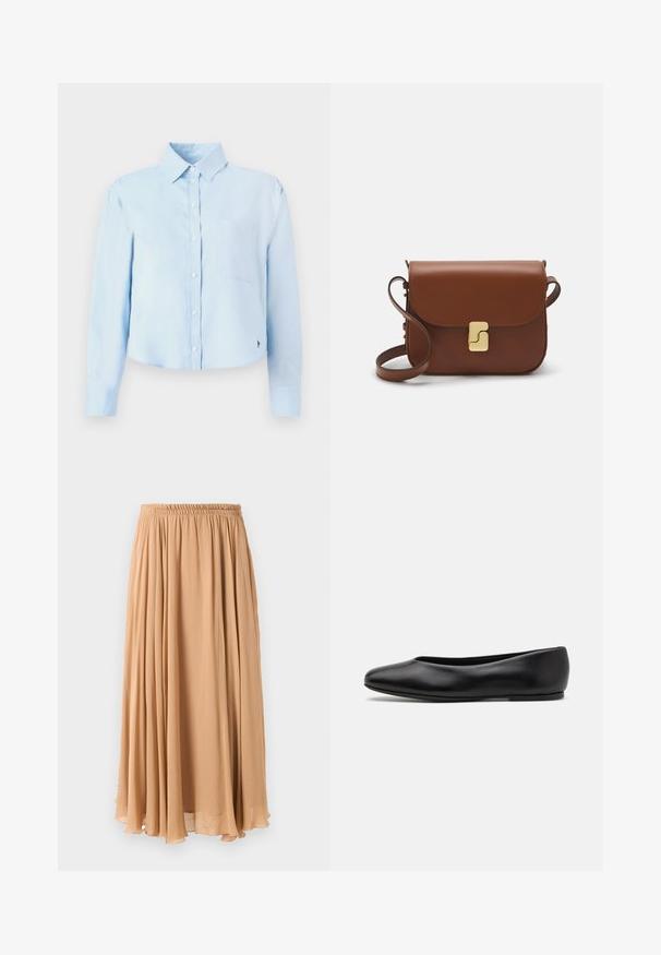 Tan double-breasted coat made of soft fabric, featuring large lapels, wooden buttons, and rolled cuffs with a white accent strip.; Light blue, long-sleeved cropped shirt with a button-down collar, single chest pocket, and subtle logo on the lower side. Smooth texture.; Maxi skirt in light beige, made of flowy fabric. Features a gathered elastic waistband and soft pleats for movement.; Paul Smith TOPANGA - Ballet pumps - black; Brown leather handbag with a flap closure, gold-tone hardware, a shoulder strap, and a smooth texture. Compact rectangular shape.