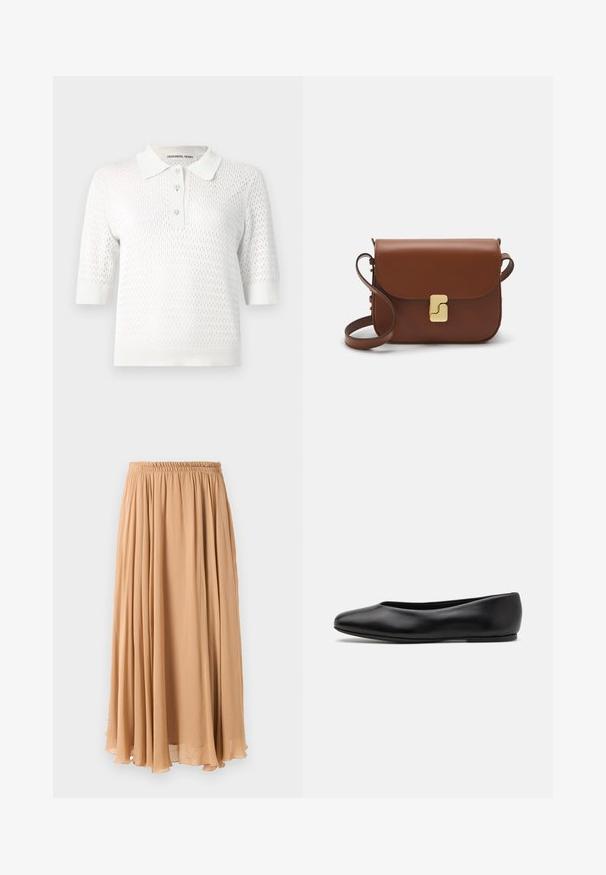 Tan dubbelbreasted jas van zachte stof, met grote revers, houten knopen en opgerolde mouwen met een witte accentstrook.; Witte polo met korte mouwen, voorzien van een gestructureerd breisel, met een knoopsluiting en een contrasterende kraag. Fijne ruitpatroon over het hele ontwerp.; Maxi rok in lichtbeige, gemaakt van luchtige stof. Beschikt over een gegatherde elastische tailleband en zachte plooien voor beweging.; Paul Smith TOPANGA - Ballerina's - black; Bruine leren handtas met een klep sluiting, gouden hardware, een schouderband en een gladde textuur. Compact rechthoekige vorm.