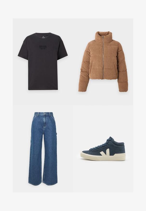 Rudas korduroy pūkinis švarkas su aukštu apykaklė, priekiniais užtrauktukais ir šoniniais kišenėmis. Funkcijos siuvinėta tekstūra ir trumpa dizainas.; Juodas medvilninis marškinėliai su apvalia iškirptė, trumpomis rankovėmis ir subtiliu, iškilniu "Ripcurl Surfing Company" logotipu ant krūtinės.; Plačios mėlynos džinsinės kelnes su aukštu juosmeniu, kontrastingais siūlais ir šoninėmis kišenėmis, turinčios klasikinį penkių kišenių dizainą ir brutalius kraštus.; Tamsiai mėlyni aukšti sportiniai bateliai, pagaminti iš zomšos, su kreminės spalvos akcentais. Ypatybės: tekstūruotas padas ir plokščios raišteliai, demonstruojantys minimalistinį dizainą.