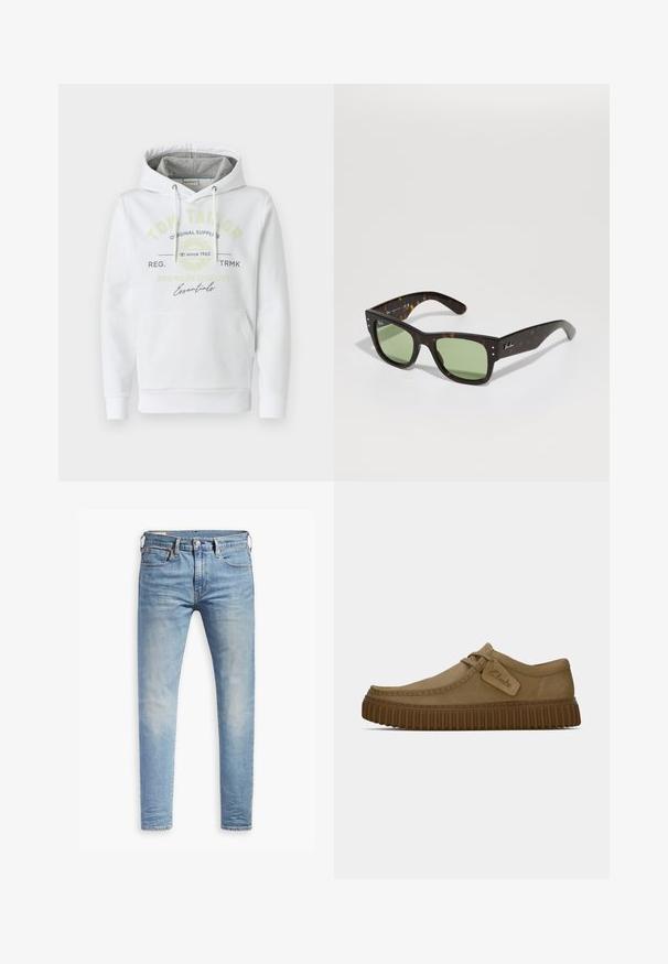 Palton bej din bumbac, cu design cu două rânduri de nasturi, revere late, talie cu curea și mansete cu nasturi. Dispune de două buzunare laterale.; Hanorac alb dintr-un material moale, cu o buzunar frontal, având o glugă căptușită gri și un logo de brand imprimat în verde și negru.; Cămașă albă cu mânecă lungă și nasturi, fabricată din bumbac. Are un guler deschis, închidere cu nasturi și un mic logo brodat pe piept.; Jeans slim-fit de culoare albastru deschis, cu un ușor efect de decolorare pe coapse, închidere frontală cu nasture, bucle pentru Curea și stil de cinci buzunare, pe un fundal alb.; Pantofi din suede maro deschis, cu vârful rotund, detalii cusute și talpă din cauciuc maro nervurată. Prezintă un eticheta laterală cu logo-ul "Clarks".; Ochelari de soare tortoiseshell maro cu lentile verzi, formă pătrată și accente metalice. Prezintă logo pe tâmpla stângă. Finisaj mat.