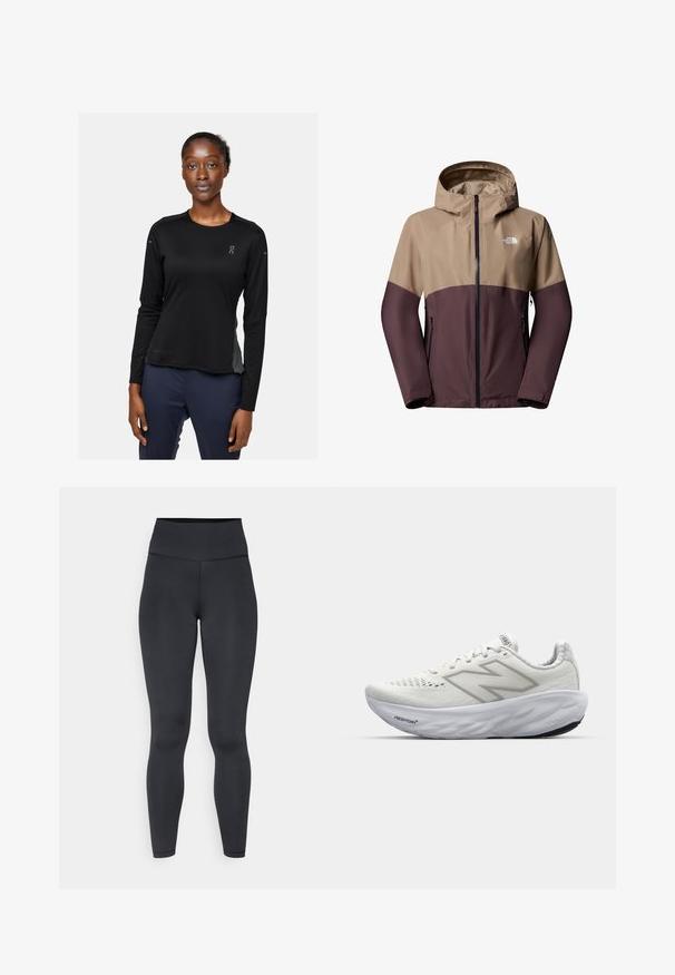 The North Face W DIABLO DYNAMIC ZIP-IN JACKET - Outdoorjas - mushroom grey tawny qua; Zwarte lange mouwen sportshirt van stof met het label "DRYTEC™." Het heeft een ronde hals, een zachte textuur en een logo op de linkerkant van de borst en de mouw.; Hogstwaist zwarte leggings gemaakt van rekbaar materiaal, met een gladde textuur en een nauwsluitend ontwerp, met minimale stikdetails.; Witte sportschoenen met een bovenwerk van mesh, voorzien van een gevoerde kraag, een gestructureerde zool en de merknaam "Fresh Foam" op de tussenzool.