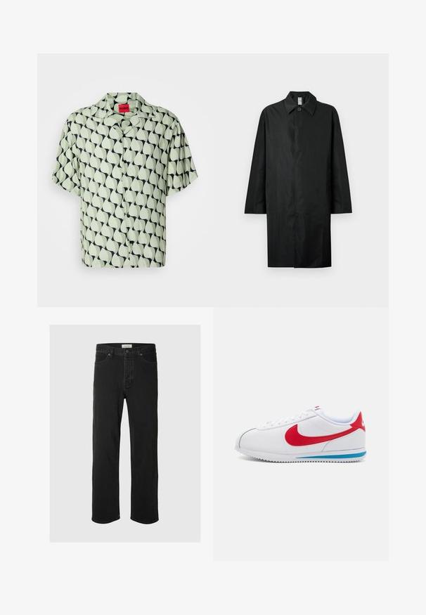 Crni dugi kaput s klasičnim ovratnikom, jednim vidljivim dugmetom na vratu, bočnim džepovima i skrivenim prednjim zatvaračem.; Siva dukserica od mekog materijala, s prednjim džepom, kapuljačom s vezicom i crnim logotipom "Service Works" na lijevoj strani prsnog područja.; Košulja s kratkim rukavima, svijetlozelena boja s tamnoplave apstraktne lišće. Ima kragnu tipa camp i crne gumbe. Glatka tekstura tkanine.; Crne traperice ravnog kroja s pet džepova imaju klasičan dizajn s kopčanjem na dugme, minimalnim šavovima i mekanom teksturom.; Bijela tenisica s crvenim akcentima, s glatkim kožnim gornjim dijelom, okruglim vrhom i platom. Dizajn s vezicama s vidljivim detaljima šivanja.