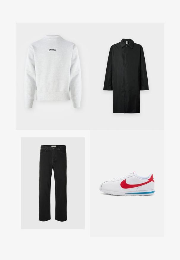 Cappotto lungo nero con colletto classico, singolo bottone visibile al collo, tasche laterali e chiusura frontale nascosta.; Felpa grigia in pile con collo alto, polsini e orlo a coste. La parola "Service" è ricamata in nero sulla parte superiore della schiena. Tessuto uniforme.; I jeans in denim nero a gamba dritta presentano un classico design a cinque tasche con chiusura a bottone, cuciture minime e una texture morbida.; Sneaker bianca con accenti rossi, caratterizzata da una tomaia in pelle liscia, punta tonda e una suola blu. Design con lacci e dettagli di cucitura visibili.