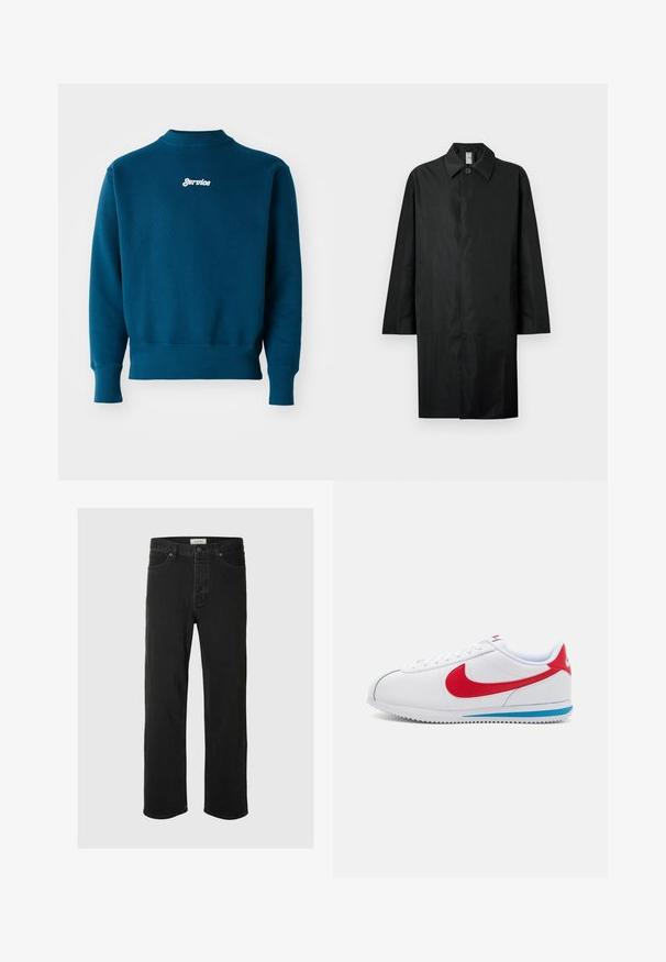 Abrigo largo negro con cuello clásico, un botón visible en el cuello, bolsillos laterales y cierre frontal oculto.; Sudadera verde azulado con puños y dobladillo acanalados, que presenta un logo bordado en blanco que dice "Service" en la parte superior de la espalda. Textura suave y diseño de cuello redondo.; Los jeans rectos de mezclilla negra presentan un diseño clásico de cinco bolsillos con cierre de botón, costuras mínimas y una textura suave.; Zapatilla blanca con acentos rojos, con una parte superior de cuero suave, punta redonda y una suela azul. Diseño con cordones y detalles de costura visibles.