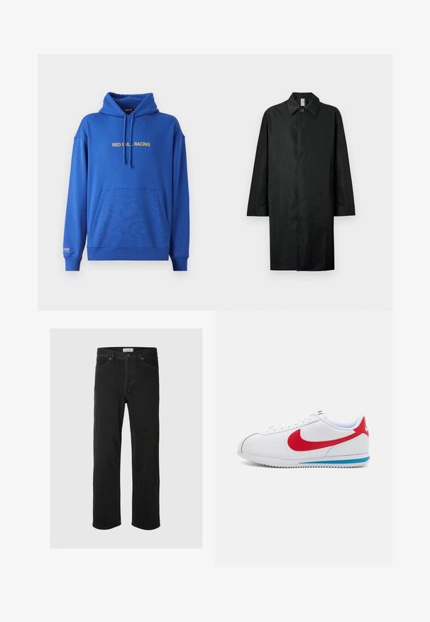 Czarny długi płaszcz z klasycznym kołnierzem, pojedynczym widocznym guzikiem przy szyi, kieszeniami bocznymi oraz zamknięciem z przodu niewidocznym.; Niebieska bluza z kapturem, z przednią kieszenią kangurką, regulowanym kapturem na sznurku i napisem "RED BULL RACING" w kolorze żółtym na klatce piersiowej. Miękki materiał.; Czarne dżinsy straight-leg cechują się klasycznym pięciopocketowym wzorem, z zapięciem na guzik, minimalnym przeszyciem oraz miękką teksturą.; Białe sneakersy z czerwonymi akcentami, z gładką skórzaną cholewką, okrągłym noskiem i niebieską podeszwą. Zapięcie na sznurowadła z widocznymi detalami szwalnymi.