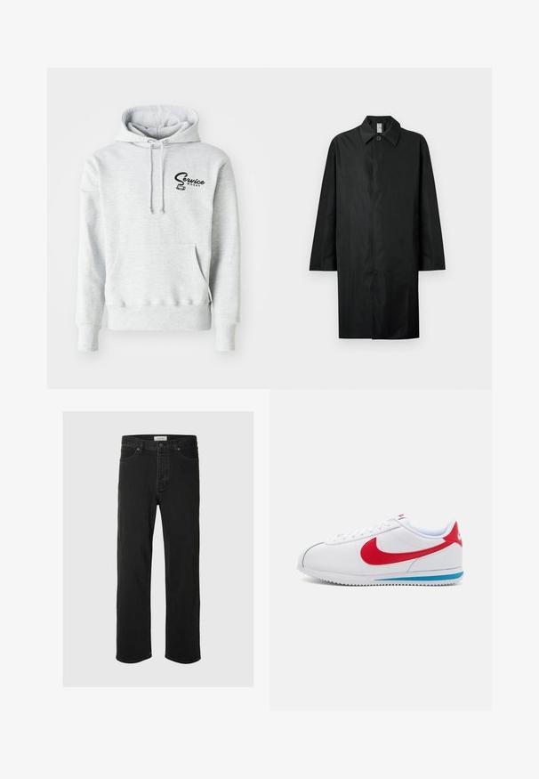 Černý dlouhý kabát s klasickým límcem, jedním viditelným knoflíkem u krku, bočními kapsami a skrytým zapínáním vpředu.; Šedá mikina s kapucí vyrobená z měkké látky, s přední kapsou, šňůrkou na kapuci a černým logem "Service Works" na levé straně hrudníku.; Černé džíny rovného střihu mají klasický design se pěti kapsami, zapínání na knoflík, minimální švy a jemnou texturu.; Bílé tenisky s červenými akcenty, vyrobené z hladké kůže, s kulatou špičkou a modrou podrážkou. Šněrovací design s viditelnými švy.