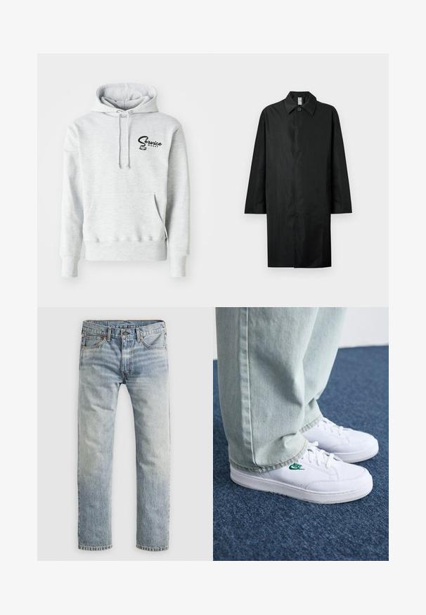 Juodas ilgas paltas su klasikinio stiliaus aukšta apykakle, vienu matomu mygtuku kaklo srityje, šoniniais kišenėmis ir paslėptu priekiu užsegimu.; Pilka kapušinė, pagaminta iš minkštos medžiagos, su priekiu kišenėje, raišteliu reguliuojamu kapišonu ir juodu "Service Works" logotipu kairėje krūtinės pusėje.; Šviesiai mėlyni tiesūs džinsai su mygtuko uždarymu, priekinėmis kišenėmis ir diržo kilpomis, pristatyti plokščiai ant balto fono.; Balti odiniai sportbačiai su žaliu Nike logotipu, apvalia nosimi, plokščiu padu, derinami su šviesiai mėlynomis džinsinėmis kelnėmis, rodomi ant mėlynos kiliminės dangos.