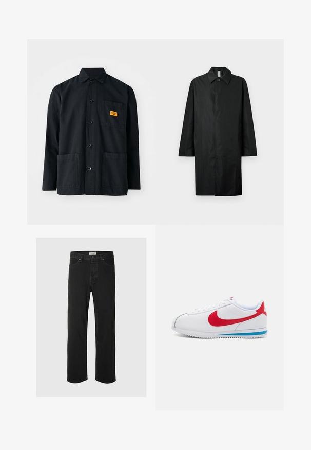 Sort lang frakke med klassisk krave, enkelt synligt knap ved halsen, sidelommer og skjult frontlukning.; Sort bomuldsarbejdsjakke med knaplukning, to forlommer og et lille gult mærke på brystlommen. Enkel, funktionel design.; Sorte denim straight-leg jeans har et klassisk fem-lomme design med knaplukning, minimal syning og en blød tekstur.; Hvide sneakers med røde accenter, der har et glat læderoverdel, rund tå og en blå sål. Snørebåndsdesign med synlige syninger.