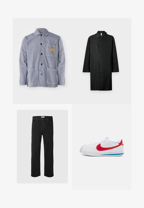 Cappotto lungo nero con colletto classico, singolo bottone visibile al collo, tasche laterali e chiusura frontale nascosta.; Giacca da lavoro a strisce in blu e bianco, dotata di chiusura a bottoni davanti, colletto, taschino sul petto con etichetta gialla e due tasche frontali.; I jeans in denim nero a gamba dritta presentano un classico design a cinque tasche con chiusura a bottone, cuciture minime e una texture morbida.; Sneaker bianca con accenti rossi, caratterizzata da una tomaia in pelle liscia, punta tonda e una suola blu. Design con lacci e dettagli di cucitura visibili.