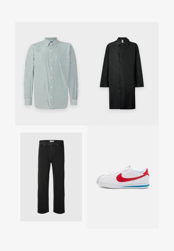 Schwarzer langer Mantel mit klassischem Kragen, einem sichtbaren Knopf am Hals, Seitentaschen und verdecktem Frontverschluss.; Gestreifte Button-up-Hemden aus hellgrünem und weißem Stoff, mit Kragen, langen Ärmeln und einer Brusttasche. Vertikales Streifenmuster.; Schwarze Denim-Jeans im Straight-Leg-Schnitt verfügen über ein klassisches Fünf-Taschen-Design mit Knopfverschluss, minimaler Naht und einer weichen Textur.; Weißer Sneaker mit roten Akzenten, mit einem glatten Lederobermaterial, runder Zehenform und blauer Sohle. Schnürdesign mit sichtbaren Nähdetails.