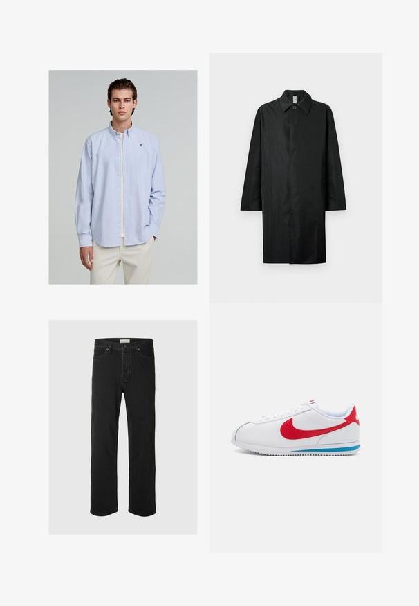 Czarny długi płaszcz z klasycznym kołnierzem, pojedynczym widocznym guzikiem przy szyi, kieszeniami bocznymi oraz zamknięciem z przodu niewidocznym.; Jasnoniebieska koszula z długim rękawem w białe paski; posiada kołnierzyk oraz małe haftowane logo na piersi.; Czarne dżinsy straight-leg cechują się klasycznym pięciopocketowym wzorem, z zapięciem na guzik, minimalnym przeszyciem oraz miękką teksturą.; Białe sneakersy z czerwonymi akcentami, z gładką skórzaną cholewką, okrągłym noskiem i niebieską podeszwą. Zapięcie na sznurowadła z widocznymi detalami szwalnymi.