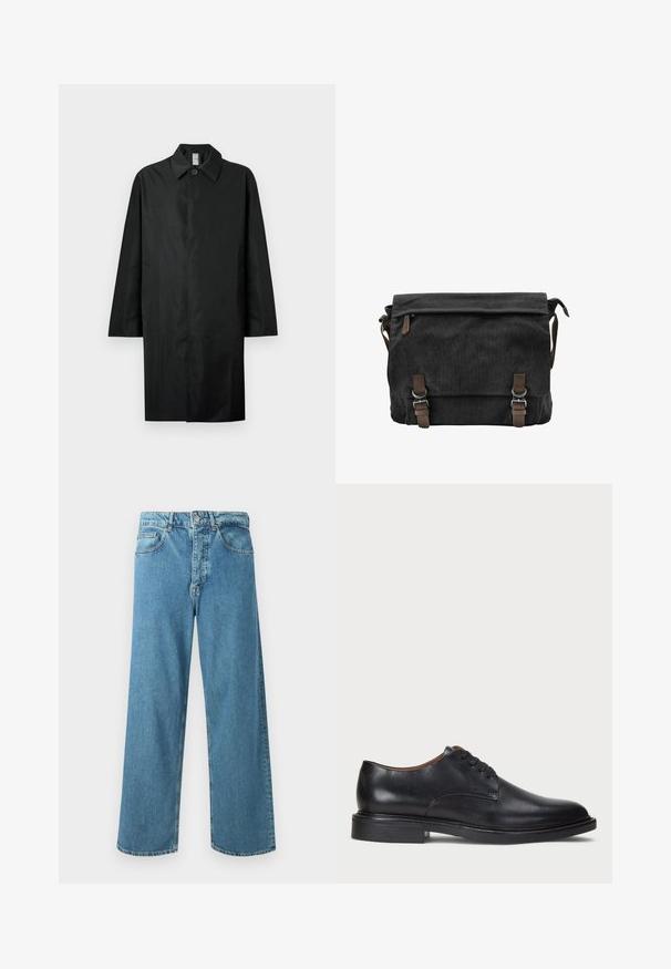 Svart lång kappa med klassisk krage, en synlig knapp vid halsen, sidofickor och dold framtill.; Svart bomullströja med rund hals och korta ärmar. Har en diskret logotyp fram och en rak nederkant. Enkelt och minimalistiskt design.; Ljusblå vida jeans i denim med hög midja, framfickor och klassisk knäppning med knapp och dragkedja.; Svart läderklänningsko med rund tå, snörning och låg staplad klack. Slät yta med minimala sömdetaljer.; Svart canvas budväska med en vikbar klaff, bruna läderdetaljer, två metallspännen och en sidofick med blixtlås.