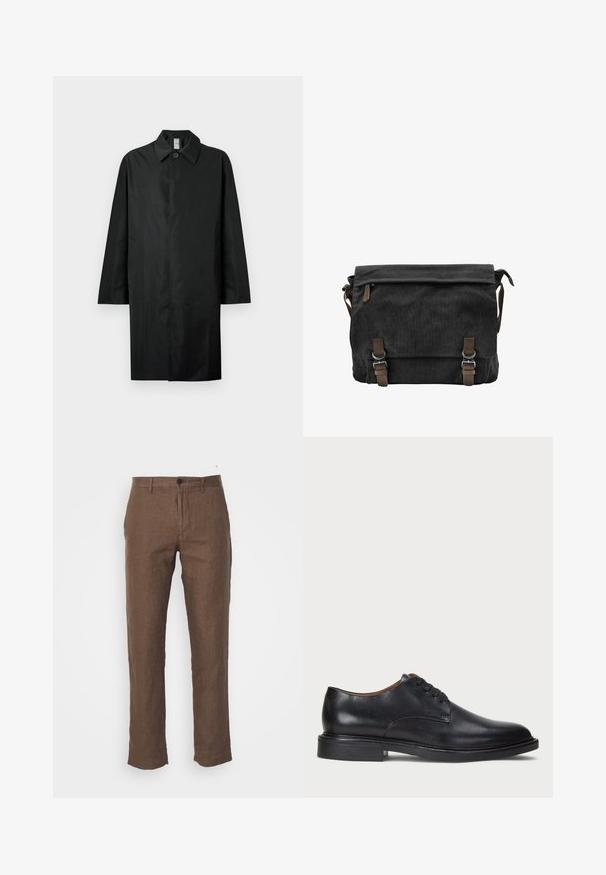 Crni dugi kaput s klasičnim ovratnikom, jednim vidljivim dugmetom na vratu, bočnim džepovima i skrivenim prednjim zatvaračem.; Crna pamučna majica s kratkim rukavima i okruglim izrezom. Ima suptilan logo na prednjoj strani i ravni rub. Jednostavan i minimalistički dizajn.; NN.07 THEO - Hlače - brown; Crne kožne cipele s okruglim vrhom, vezanjem i niskim stogom. Glatka tekstura s minimalnim šavovima.; Crna platnena torba za poruke s preklopnim poklopcem, smešnim kožnim detaljima, dva metalna kopčanja i bočnom zip-podstavom.