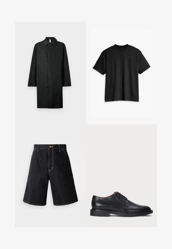 Zwarte lange jas met een klassieke kraag, één zichtbare knop bij de hals, zijzakken en een verborgen sluiting aan de voorkant.; Zwarte katoenen t-shirt met een ronde hals en korte mouwen. Heeft een subtiel logo aan de voorkant en een rechte zoom. Eenvoudig en minimalistisch ontwerp.; Zwarte denim shorts met een losse pasvorm, vijf zakken en contrasterende witte stiksels. Knopsluiting bij de taille.; Zwart leren dresschoen met een ronde neus, vetersluiting en een lage gestapelde hak. Gladde textuur met minimale stiksels.