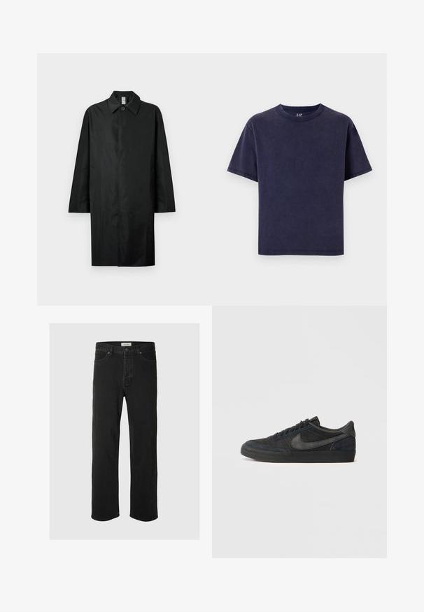 Juodas ilgas paltas su klasikinio stiliaus aukšta apykakle, vienu matomu mygtuku kaklo srityje, šoniniais kišenėmis ir paslėptu priekiu užsegimu.; Jūros mėlynos spalvos medvilninė marškinėliai su apvaliu iškirpimu, trumpomis rankovėmis ir laisvu siluetu. Turi vientisą spalvą ir jokios matomos raštos ar akcentai.; Juodos džinsinės tiesaus silueto kelnės turi klasiką penkių kišenių dizainą su mygtukų uždarymu, minimaliais siūlais ir minkšta tekstūra.; Juodi suediniai sportbačiai su žemu profiliu, guminiu padu, tekstūruotomis šoninėmis dalimis ir toniniu Nike swoosh logo. Su raišteliais priekyje, paminkštintu apykakle.