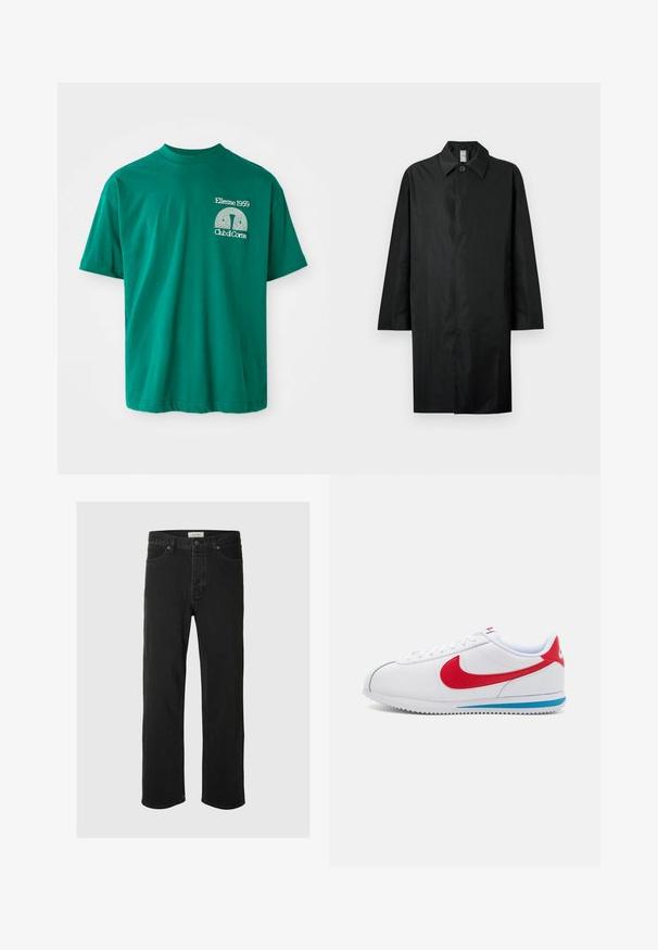 Casaco longo preto com colarinho clássico, um botão visível no pescoço, bolsos laterais e fecho frontal oculto.; Camiseta de algodão verde com decote redondo. Apresenta uma impressão gráfica em branco com a inscrição "Ellesse 1959 Clube de Corrida" no lado esquerdo do peito.; As calças jeans de ganga preta de perna reta apresentam um design clássico de cinco bolsos, com fecho de botão, costura mínima e uma textura suave.; Sapatilha branca com detalhes em vermelho, apresentando um cabedal de couro suave, bico redondo e sola azul. Design com atacadores e detalhes de costura visíveis.