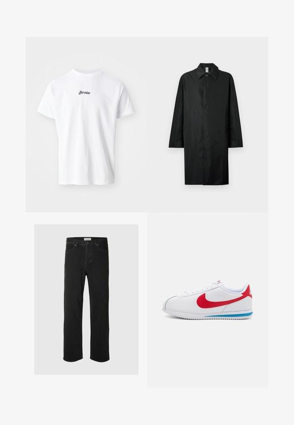Black long coat with a classic collar, single visible button at the neck, side pockets, and concealed front closure.; White cotton T-shirt with short sleeves and a round neckline, featuring the word "Service" in black cursive text on the front.; Black denim straight-leg jeans feature a classic five-pocket design with button closure, minimal stitching, and a soft texture.; White sneaker with red accents, featuring a smooth leather upper, round toe, and a blue sole. Lace-up design with visible stitching details.