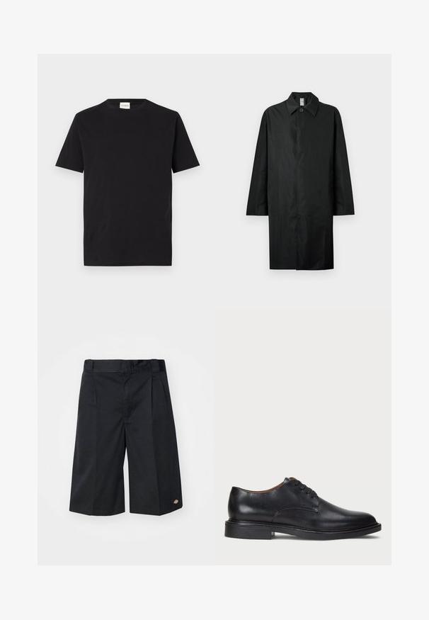 Czarny długi płaszcz z klasycznym kołnierzem, pojedynczym widocznym guzikiem przy szyi, kieszeniami bocznymi oraz zamknięciem z przodu niewidocznym.; Czarna bawełniana koszulka z okrągłym dekoltem i krótkimi rękawami. Posiada prosty krój i minimalistyczny design, z metką widoczną przy kołnierzyku.; Czarne szorty o dopasowanym kroju, z płaskimi plisami z przodu, standardowym pasem i kieszeniami po bokach. Wykonane z wytrzymałego materiału.; Czarne skórzane buty wizytowe z okrągłym noskiem, sznurowanym zapięciem i niskim, warstwowym obcasem. Gładka faktura z minimalnymi detalami stębnowania.
