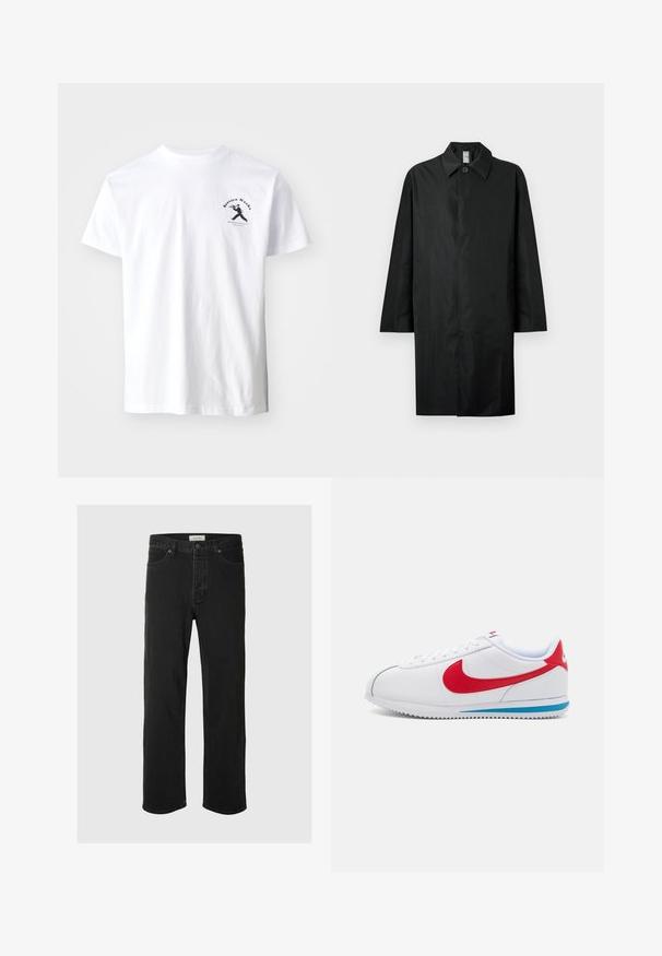 Černý dlouhý kabát s klasickým límcem, jedním viditelným knoflíkem u krku, bočními kapsami a skrytým zapínáním vpředu.; Bílá bavlněná tričko s černým grafickým potiskem postavy a textem "Service Works" na levé části hrudi. Krátké rukávy, kulatý výstřih.; Černé džíny rovného střihu mají klasický design se pěti kapsami, zapínání na knoflík, minimální švy a jemnou texturu.; Bílé tenisky s červenými akcenty, vyrobené z hladké kůže, s kulatou špičkou a modrou podrážkou. Šněrovací design s viditelnými švy.
