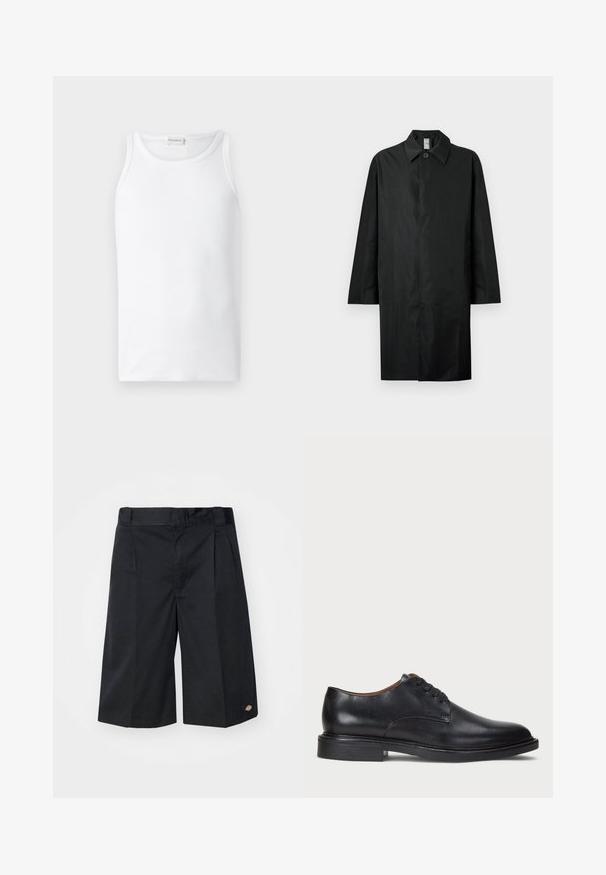 Cappotto lungo nero con colletto classico, singolo bottone visibile al collo, tasche laterali e chiusura frontale nascosta.; Top bianco a canotta, realizzato in cotone a coste, con scollatura a girocollo e design senza maniche, texture liscia e senza motivi visibili.; Pantaloni corti neri con un design su misura, caratterizzati da pinces frontali piatte, una vita standard e tasche laterali. Realizzati in tessuto resistente.; Scarpa da uomo in pelle nera con punta rotonda, design con lacci e tacco basso impilato. Texture liscia con dettagli di cucitura minimi.