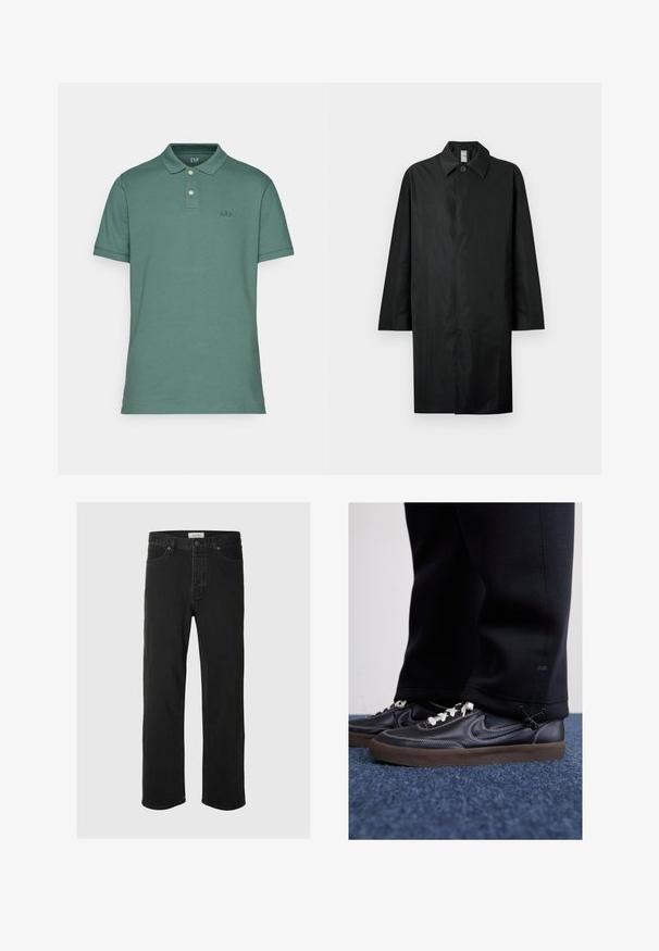 Svart lång kappa med klassisk krage, en synlig knapp vid halsen, sidofickor och dold framtill.; GAP LOGO - Piké - forest green; Svarta denimjeans med rak passform har en klassisk femficksdesign med knappstängning, minimal sömnad och en mjuk textur.; Nike Sportswear KILLSHOT 2 LTR PRM OPP2 - Sneakers - black sail baroque brown mtlc dk grey