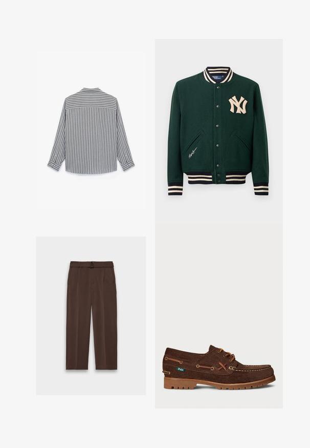 Ciemnozielona kurtka typu varsity z prążkowanymi mankietami i kołnierzem, zatrzaskowe guziki, logo New York Yankees na klatce piersiowej oraz podpis Ralph Lauren w pobliżu kieszeni.; Szara i biała, pasiasta koszula z długim rękawem, o prostym dole, z mankietami na guziki i kołnierzykiem, wykonana z teksturowanej tkaniny.; Brązowe spodnie z paskiem, o wysokim stanie, z plisowanym przodem i bocznymi kieszeniami; wykonane z gładkiego, teksturowanego materiału.; Brązowe zamszowe buty żeglarskie z jasnobrązowymi sznurowadłami, kontrastowym przeszyciem, gumową podeszwą i małą zieloną metką marki Polo z boku.