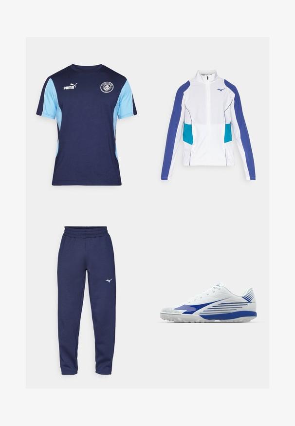Bílá zipová bunda s fialovými a tyrkysovými akcenty, vysokým límcem a elastickými manžetami. Hladká tkanina s sportovním designem.; Námořnické a světle modré tričko s krátkým rukávem vyrobené z bavlny, se zaobleným výstřihem, logem Puma a emblémem Manchester City na hrudi.; Námořnické modré tepláky s páskem na stažení v pase, manžetami na kotnících a bílým logem na levé straně. Vyrobeny z měkké, strukturované látky.; Bílé sportovní boty s modrými akcenty, texturovaný síťovinový svršek, zakřivený design a gumová podešev s gripovým vzorem. Šněrování pro bezpečné uchycení.