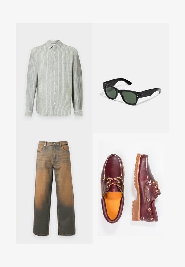 Musta nahkatakki, jossa on terävä kaulus, etuvetoketju ja kaksi sivutaskua. Hyvin sileä pinta ja minimalistinen muotoilu ilman näkyvää brändäystä.; Vaaleanvihreä raidallinen pitkähihainen paita, joka on valmistettu pellavasta. Siinä on kauluspääntie, etupuolella nappisulku ja hienovaraiset pystysuorat raidat rakenteen antamiseksi.; Levin leveät farkut kuluneessa sinisessä ja ruskeassa denimmissä. Ominaisuuksiin kuuluu korkea vyötärö, etupussit ja klassinen napitus metallikoristeilla.; Burgundin nahkakengät ruskeilla kumipohjilla, pyöreällä kärjellä, valkoisella ompelulla ja kultaisilla nauha-aukkoilla. Sisäpuolella on keltainen vuori.; Mustat suorakulmaiset aurinkolasit vihreillä linsseillä, mattapinta, hienovaraiset metalliosat ja kohokuvioitu logo sankassa.; Musta nahkainen crossbody-laukku, jossa on kansi, kaksi hopeista solkea, keltaista ylösketjua ja säädettävä hihna. Tunnusmerkkeinä ovat sileä pinta ja kompakti muotoilu.