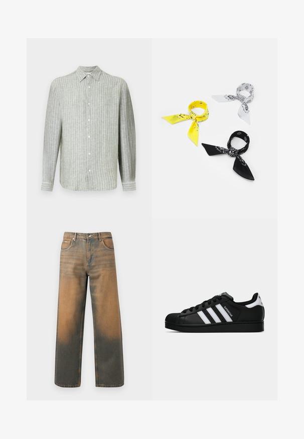 Schwarze Lederjacke mit spitzem Kragen, Frontreißverschluss und zwei seitlichen Taschen. Glatte Textur und minimalistisches Design ohne sichtbares Branding.; Helles grün gestreiftes Langarmhemd aus Leinen. Verfügt über einen kragenförmigen Ausschnitt, eine vordere Knopfverschluss und feine vertikale Streifen für eine strukturierte Optik.; Weite Jeans aus verwittertem blauem und braunem Denim. Sie haben eine hohe Taille, Vorderseiten-Taschen und einen klassischen Knopfverschluss mit metallischen Akzenten.; Schwarzer Adidas Superstar Sneaker mit weißen Streifen, Schalenzehen und "Superstar"-Schriftzug an der Seite, im Seitenprofil auf weißem Hintergrund dargestellt.; Drei Bandanas: eine gelbe mit schwarzen Mustern, eine weiße mit schwarzen Designs und eine schwarze mit weißen Grafiken. Alle sind quadratisch und aus leichtem Stoff.; Schwarze Leder-Crossbody-Tasche mit Klappe, zwei silbernen Schnallen, gelben Nähten und einem verstellbaren Tragegurt. Hat eine glatte Textur und ein kompaktes Design.
