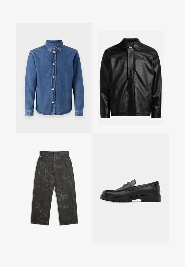 Crna kožna jakna s šiljastim ovratnikom, prednjim zatvaračem i dva bočna džepa. Glatka tekstura i minimalistički dizajn bez vidljivog brendiranja.; Traper košulja u srednje plavoj boji, sa širokim kragnom, dugim rukavima i srebrnim dugmadima na prednjem dijelu. Ima glatku teksturu.; Tamno sivi traperice širokog kroja, s blagim mramornim uzorcima i metalnim detaljima. Dizajn s pet džepova.; Crne kožne mokasine s zaobljenim vrhom, s ušivenim dizajnom, niskom platformom i teksturiranim, gumenim potplatom s izbočinama.