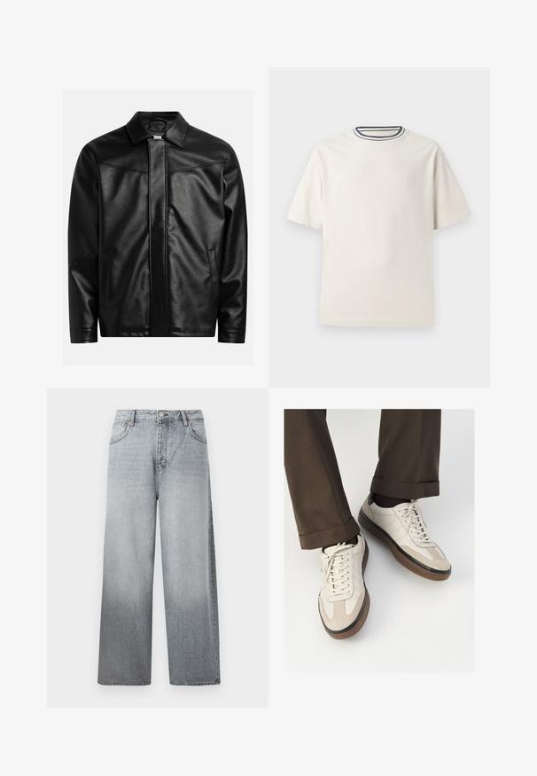 Musta nahkatakki, jossa on terävä kaulus, etuvetoketju ja kaksi sivutaskua. Hyvin sileä pinta ja minimalistinen muotoilu ilman näkyvää brändäystä.; Kermanvärinen puuvillapaita lyhyillä hihoilla, jossa on pyöreä pääntie, jota korostavat laivastonsininen ja valkoinen raita. Sileä rakenne, rento istuvuus.; Vaaleanharmaat leveälahkeiset farkut, joissa on haalistunut vaikutelma. Varustettu napilla ja vetskarilla, viiden taskun suunnittelu ja kontrastiväriset tikkaus.; Beige tennarit, joissa on teksturoidut mokkasiinimaiset etuosat, sileät nahkasaumat ja ruskea kumipohja. Narut ja vaaleat ompelutiedot mukana.