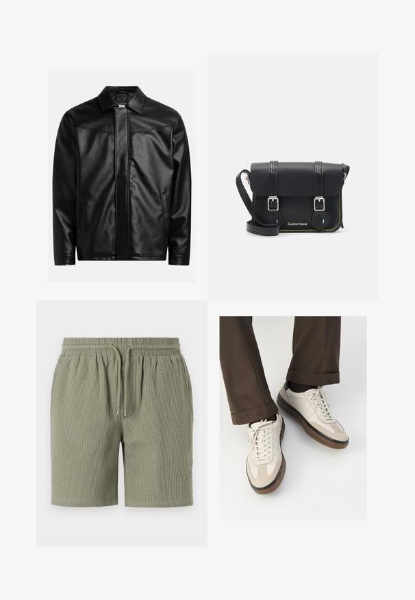 Zwarte leren jas met een puntkraag, een voorrits en twee zijzakken. Soepele textuur en minimalistisch ontwerp zonder zichtbare branding.; Crème-kleurige katoenen t-shirt met korte mouwen, met een ronde halslijn die is accentueerd met marineblauwe en witte strepen. Soepele textuur, ontspannen pasvorm.; Olijfgroene shorts met wafelstructuur, voorzien van een elastische tailleband, trekkoord en een relaxte pasvorm. Glad zoom bij de benen.; Beige sneakers met een leren voorkant van textuur-suède, gladde leren zijkanten en een bruine rubberen zool. Veters en lichte stikseldetails inbegrepen.; Zwarte leren schoudertas met een klep, twee zilveren sluitingen, gele stiksels en een verstelbare schouderband. Beschikt over een gladde textuur en een compact ontwerp.