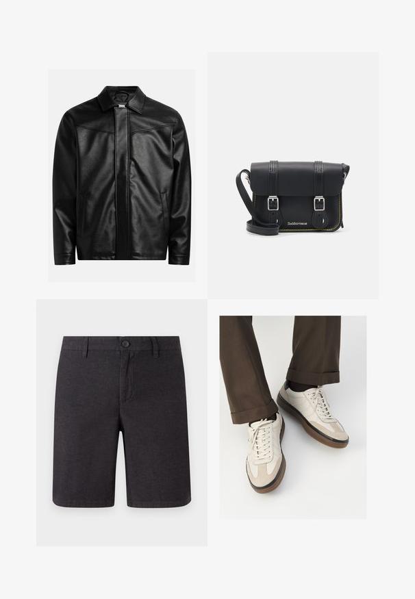 Veste en cuir noir avec un col pointu, une fermeture éclair à l'avant et deux poches latérales. Texture lisse et design minimaliste sans logo visible.; T-shirt en coton couleur crème à manches courtes, avec un col rond accentué de rayures bleu marine et blanches. Texture lisse, coupe décontractée.; Shorts gris foncé en tissu tissé, dotés d'une fermeture à bouton, de passants de ceinture et d'une coupe droite, avec des ourlets nets et des poches latérales.; Baskets beiges avec un devant en suède texturé, côtés en cuir lisse et semelle en caoutchouc brun. Lacets et détails de couture légère inclus.; Sac bandoulière en cuir noir avec un rabat, deux boucles en argent, des coutures jaunes et une sangle réglable. Présente une texture lisse et un design compact.