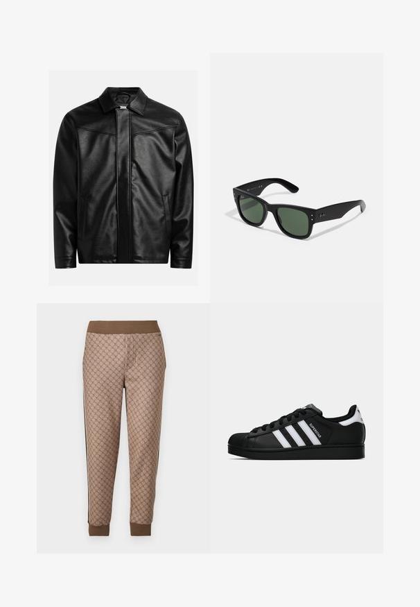 Schwarze Lederjacke mit spitzem Kragen, Frontreißverschluss und zwei seitlichen Taschen. Glatte Textur und minimalistisches Design ohne sichtbares Branding.; Schwarzes T-Shirt mit kurzen Ärmeln in lockerer Passform, aus glattem Baumwollmaterial, mit rundem Ausschnitt und minimalistischem Design.; Braune gemusterte Jogginghosen mit einem dehnbaren Bund, die ein sich wiederholendes Logo-Motiv, seitliche Streifen und gerippte Bündchen für eine gute Passform aufweisen.; Schwarzer Adidas Superstar Sneaker mit weißen Streifen, Schalenzehen und "Superstar"-Schriftzug an der Seite, im Seitenprofil auf weißem Hintergrund dargestellt.; Schwarze rechteckige Sonnenbrille mit grünen Gläsern, matte Oberfläche, dezente Hardware-Akzente und eingeprägtes Logo am Schläfenbereich.; Schwarze Leder-Crossbody-Tasche mit Klappe, zwei silbernen Schnallen, gelben Nähten und einem verstellbaren Tragegurt. Hat eine glatte Textur und ein kompaktes Design.