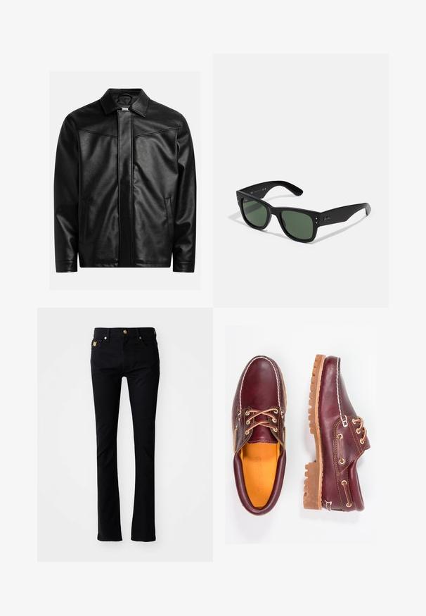 Juodas odinis švarkas su smailiu apykakle, priekyje su užtrauktuku ir dviem šoninėmis kišenėmis. Lygus paviršius ir minimalistinis dizainas be matomo prekės ženklo.; Juodas trumpomis rankovėmis marškinėlių dizainas, laisvas kirpimas, pagamintas iš lygios medvilnės, su apvaliu kaklu ir minimalistišku dizainu.; Juodos džinsai su liekna prigludimu, pagaminti iš džinsinio audinio. Yra priekinis užsegimas mygtuku, dvi priekinių kišenių ir dekoratyviniai elementai juosmens srityje.; Burgundi odiniai bateliai su rudais guminiais padais, apvaliu pirštu, balta siūle ir auksiniais inkarais. Interjere yra geltonas pamušalas.; Juodos stačiakampės saulės akinių rėmelių su žaliais lęšiais, matinio paviršiaus, subtiliais detalėmis ir iškilniu logotipu ant šventyklos.; Juodas odinis krepšys per petį su uždengimu, dviem sidabriniais sagtimis, geltonomis siūlėmis ir reguliuojamu dirželiu. Pasižymi lygiu paviršiumi ir kompaktišku dizainu.