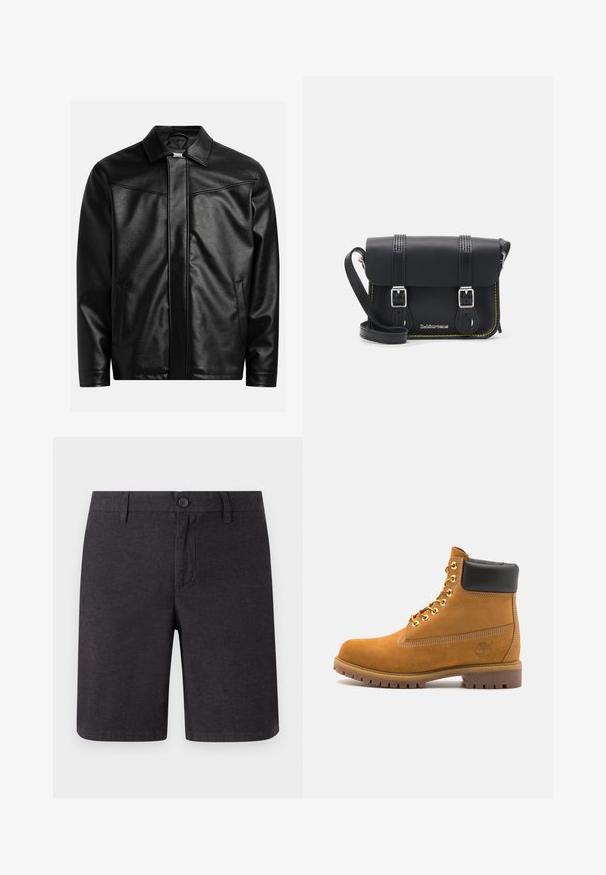 Juodas odinis švarkas su smailiu apykakle, priekyje su užtrauktuku ir dviem šoninėmis kišenėmis. Lygus paviršius ir minimalistinis dizainas be matomo prekės ženklo.; Juodas trumpomis rankovėmis marškinėlių dizainas, laisvas kirpimas, pagamintas iš lygios medvilnės, su apvaliu kaklu ir minimalistišku dizainu.; Tamsiai pilki šortai, pagaminti iš audinio, su sagčių uždangalu, diržo kilpomis ir tiesiomis kojomis, su švariais iškirpimais ir šoniniais kišenėmis.; Tan spalvą turintys suknelės batus iki kulkšnies su juodu paminkštintu apvadu, auksiniais metaliniais akių užsegimais, baltais siūlų dekoratyviniais elementais ir tvirtu guminiu padu su ryškiai išreikštais raštais.; Juodas odinis krepšys per petį su uždengimu, dviem sidabriniais sagtimis, geltonomis siūlėmis ir reguliuojamu dirželiu. Pasižymi lygiu paviršiumi ir kompaktišku dizainu.