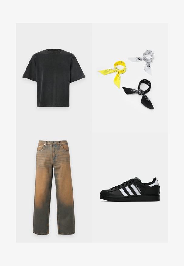 Černá kožená bunda s špičatým límcem, předním zipem a dvěma bočními kapsami. Hladký povrch a minimalistický design bez viditelného brandingu.; Černé oversize tričko s krátkým rukávem vyrobené z bavlny. Obsahuje kulatý výstřih a prošité lemy; hladká textura a volný, uvolněný střih.; Džíny s širokými nohavicemi v distressed modré a hnědé denimové barvě. Mají vysoký pas, přední kapsy a klasické zapínání na knoflík se metalickými akcenty.; Černé tenisky Adidas Superstar se bílými pruhy, špičkou ve tvaru skořápky a textem "Superstar" na boku, zobrazené v bočním profilu na bílém pozadí.; Tři bandany: jedna žlutá s černými vzory, jedna bílá s černými designy a jedna černá s bílými grafikami. Všechny jsou čtvercové, vyrobené z lehkého materiálu.