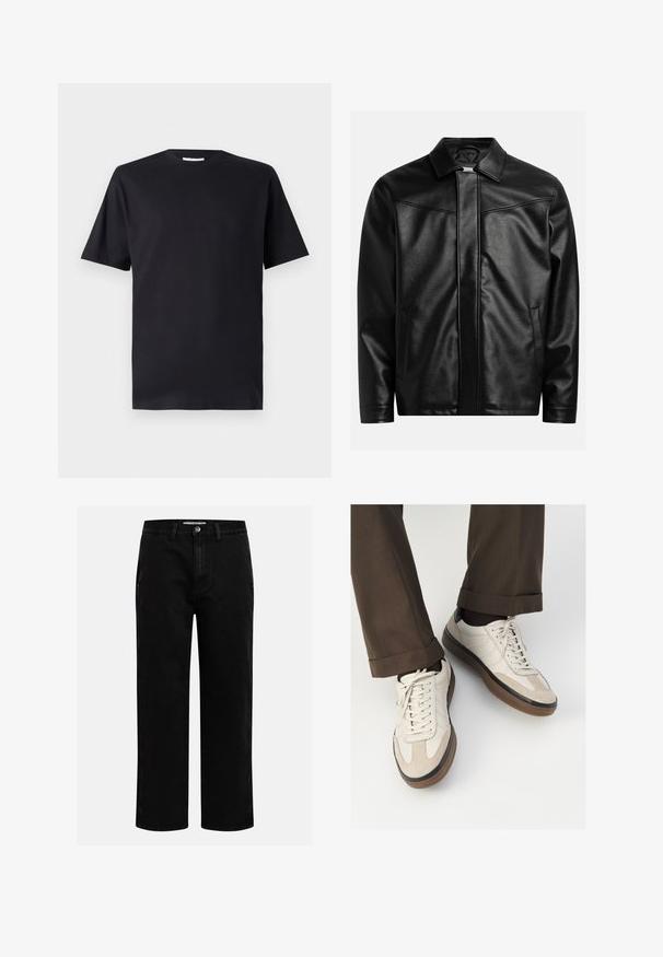 Black leather jacket with a pointed collar, front zipper, and two side pockets. Smooth texture and minimalistic design with no visible branding.; Black short-sleeve t-shirt made of cotton, featuring a crew neckline and a classic cut, without any patterns or visible branding.; Black denim pants with a straight-leg cut, classic five-pocket design, and a button closure at the waist. Smooth texture and durable fabric.; Beige sneakers with a textured suede front, smooth leather sides, and a brown rubber sole. Laces and light stitching detail included.