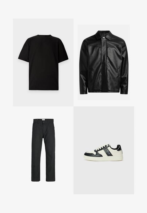 Fekete bőr dzseki hegyes gallérral, elülső cipzárral és két oldalsó zsebbel. Simasági textúrával és minimalista stílussal rendelkezik, látható márkajelzés nélkül.; Fekete, rövid ujjú póló bordázott anyagból. Kerek nyakú, laza szabású, sima tapintású. Csak hátulról látható.; Fekete nadrág tartós anyagból, egyenes szárú kialakítással, varrott díszítésekkel és két elülső zsebbel a funkciók érdekében.; Fekete és krém színű bőrsneaker, perforált díszítésekkel, párnázott bokapánttal és texturált talppal.