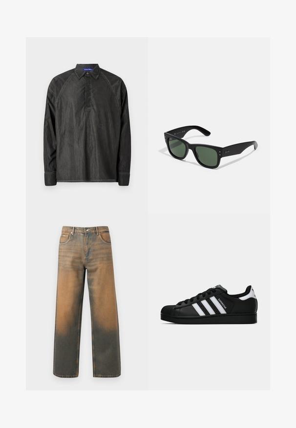 Fekete bőr dzseki hegyes gallérral, elülső cipzárral és két oldalsó zsebbel. Simasági textúrával és minimalista stílussal rendelkezik, látható márkajelzés nélkül.; Hosszú ujjú, fekete ing, könnyű anyagból készült, galléros dizájnnal, gombos kivágással és diszkrét logóval hímezve a mellen.; Széles lábú farmernadrág kopott kék és barna denimből. Jellemzői a magas derék, az elülső zsebek, és egy klasszikus gombos záródás fémes díszítéssel.; Fekete Adidas Superstar sportcipő fehér csíkokkal, kagyló orral és "Superstar" felirattal az oldalán, oldalról bemutatva, fehér háttér előtt.; Fekete téglalap alakú napszemüveg zöld lencsékkel, matt felülettel, diszkrét fém részletekkel és dombornyomott logóval a halántékon.