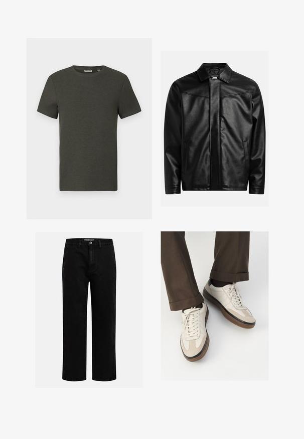 Zwarte leren jas met een puntkraag, een voorrits en twee zijzakken. Soepele textuur en minimalistisch ontwerp zonder zichtbare branding.; Donkergroene t-shirt met korte mouwen en een ronde halslijn, gemaakt van ribbelmateriaal; heeft een eenvoudig, minimalistisch ontwerp zonder patronen.; Zwarte denim broeken met een rechte pijp, klassieke vijf-pocket structuur en een knoopsluiting in de taille. Glad materiaal en duurzame stof.; Beige sneakers met een leren voorkant van textuur-suède, gladde leren zijkanten en een bruine rubberen zool. Veters en lichte stikseldetails inbegrepen.